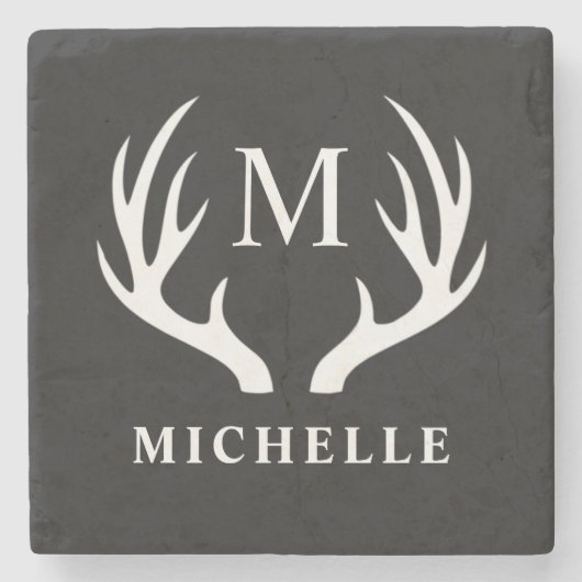 Aangepaste Monogram met zwart wit hert Antler Stenen Onderzetter (Voorkant)
