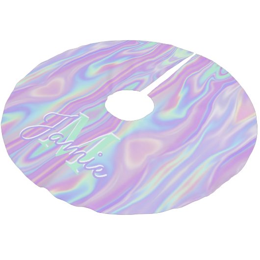 Aangepaste Monogram Metallic Regenboog Iridescent Kerstboom Rok (Gekanteld)