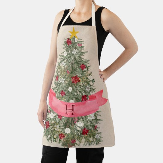 Aangepaste Monogram Mooie Waterverf Kerstboom Schort (Insitu)
