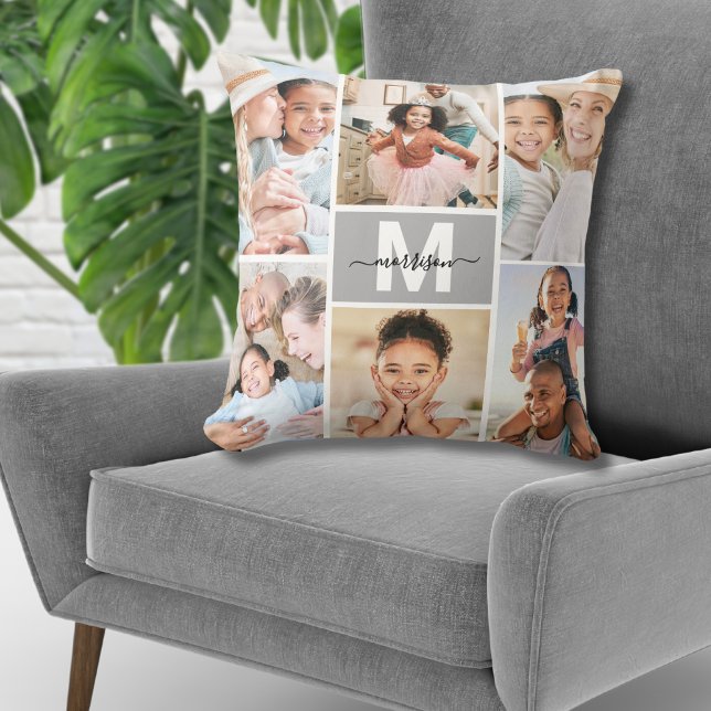 Aangepaste monogram Multi Photo Collage Family Kussen (Custom Monogram Multi Photo Collage Family Throw Pillow)