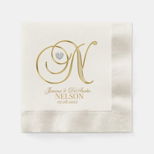 Aangepaste monogram N Gold Heart Wedding Napkin Servet (Voorkant)