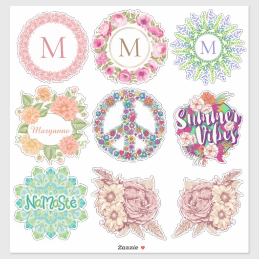 Aangepaste monogram / Naam bloem stickers (Vel)