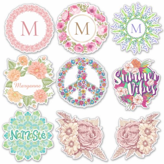 Aangepaste monogram / Naam bloem stickers (Voorkant)