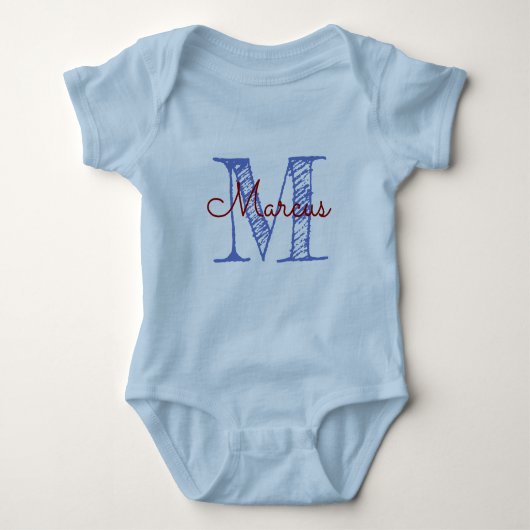 Aangepaste Monogram Naam Blue Baby Boy Hand Letter Romper (Voorkant)