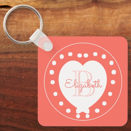 Aangepaste monogram naam Coral White Heart Sleutelhanger (Voorkant)