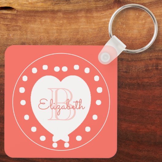 Aangepaste monogram naam Coral White Heart Sleutelhanger (Achterkant)