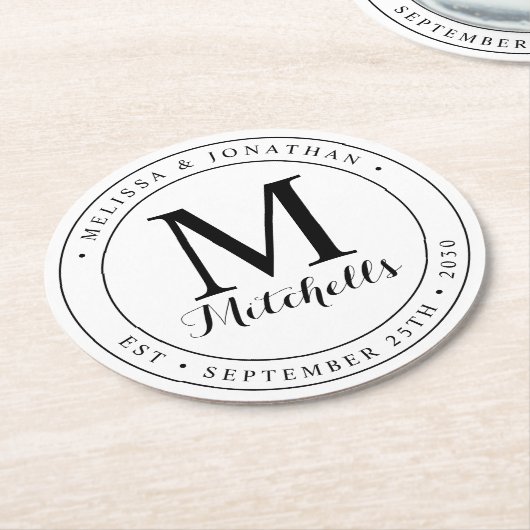 Aangepaste monogram Naam Datum bruiloft Ronde Kartonnen Onderzetter (Gebogen)
