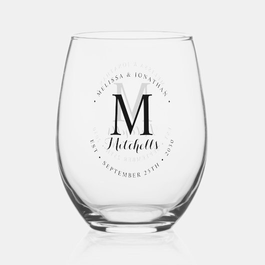 Aangepaste Monogram Naam Datum Moderne Elegante Br Wijnglas Zonder Voet (Achterkant)