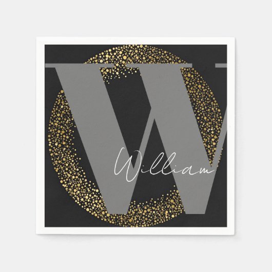 aangepaste Monogram naam goud zwart grijs stijlvol Servet (Voorkant)