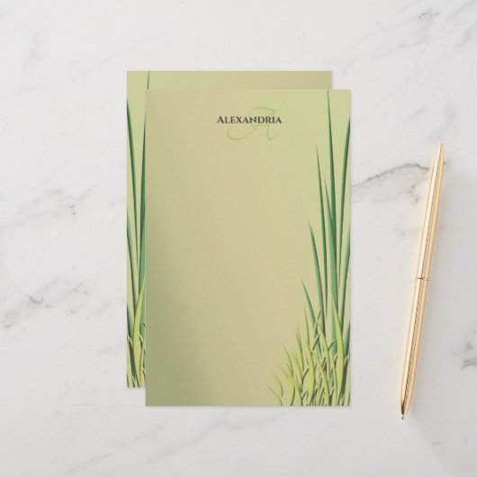 Aangepaste monogram naam Grass Border Station Briefpapier (Voorkant / Achterkant in situ)
