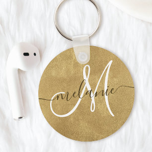 Aangepaste monogram naam Handschrift Gold Foil Sleutelhanger