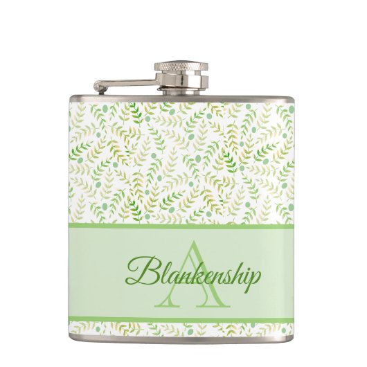 Aangepaste monogram naam Natuur Fern Leaf Pattern Heupfles (Voorkant)