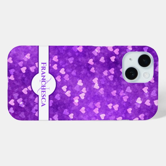 Aangepaste monogram naam Paars Heart Bokeh Art Case-Mate iPhone Case (Achterkant (horizontaal))