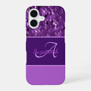 Aangepaste monogram Naam Paarse Sequins Stripes iPhone 16 Hoesje