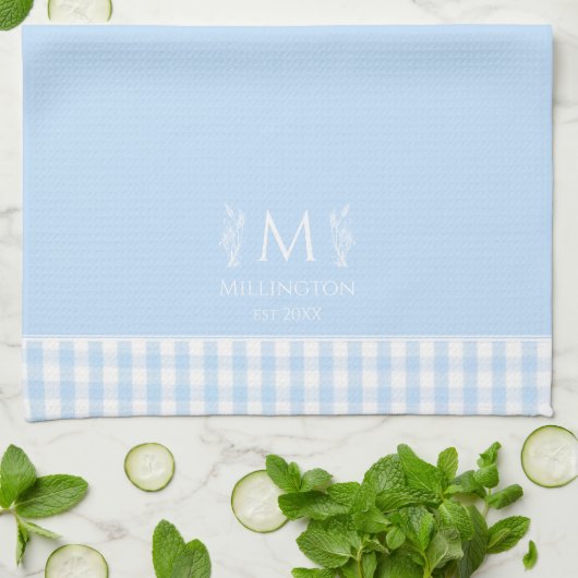 Aangepaste Monogram Naam Pastel Blauw & Wit Gingha Theedoek (Gevouwen)