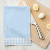 Aangepaste Monogram Naam Pastel Blauw & Wit Gingha Theedoek (Quarter Fold)