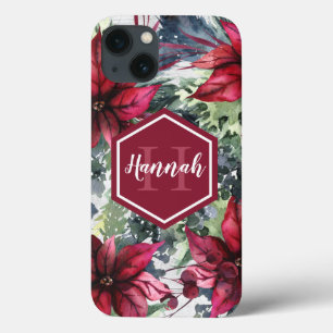 Aangepaste monogram naam Rode Poinsettia Case-Mate iPhone Case