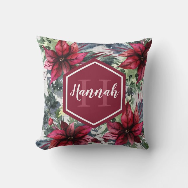 Aangepaste monogram naam Rode Poinsettia Kussen (Voorkant)