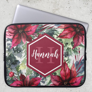 Aangepaste monogram naam Rode Poinsettia Laptop Sleeve