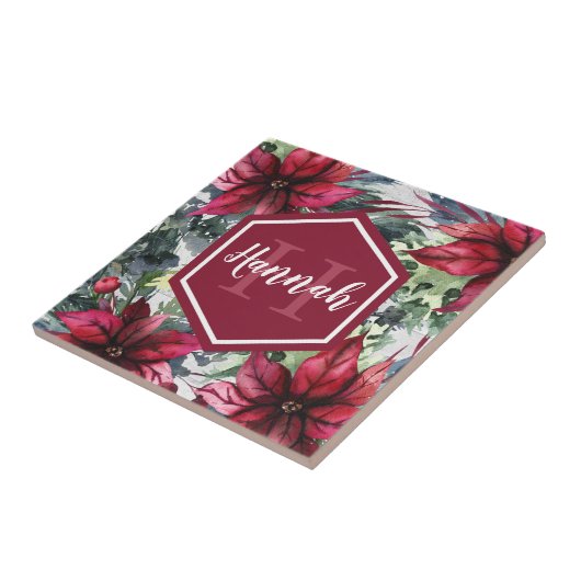 Aangepaste monogram naam Rode Poinsettia Tegeltje (Zijkant)