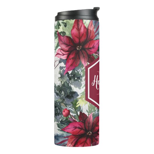 Aangepaste monogram naam Rode Poinsettia Thermosbeker (Gedraaid links)