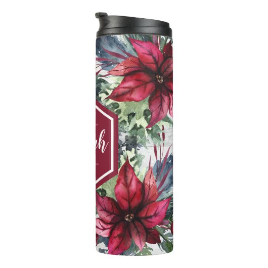 Aangepaste monogram naam Rode Poinsettia Thermosbeker (Geroteerd rechts)