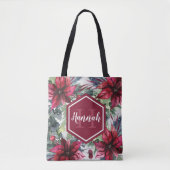 Aangepaste monogram naam Rode Poinsettia Tote Bag (Voorkant)