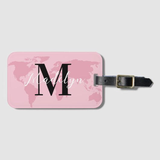 Aangepaste Monogram Naam Roze Kaart Wereld Reizige Bagagelabel (Voorkant (horizontaal))