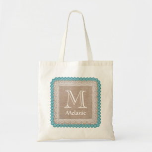 Aangepaste monogram naam Rustic Burlap Blauwgroen  Tote Bag