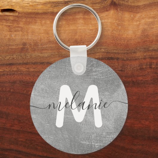 Aangepaste monogram naam Silver Foil Luxe Sleutelhanger (Voorkant)