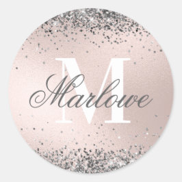 Aangepaste monogram naam Silver Glitter Blush Pink Ronde Sticker