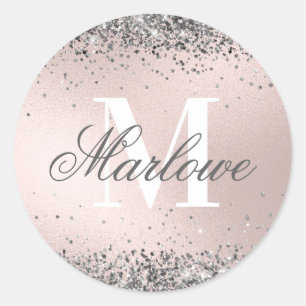 Aangepaste monogram naam Silver Glitter Blush Pink Ronde Sticker
