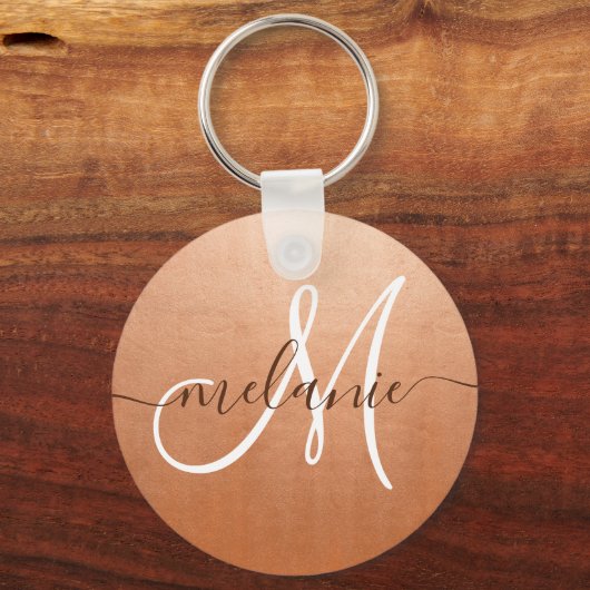 Aangepaste monogram Naam Trendy Script Roos Gold F Sleutelhanger (Voorkant)