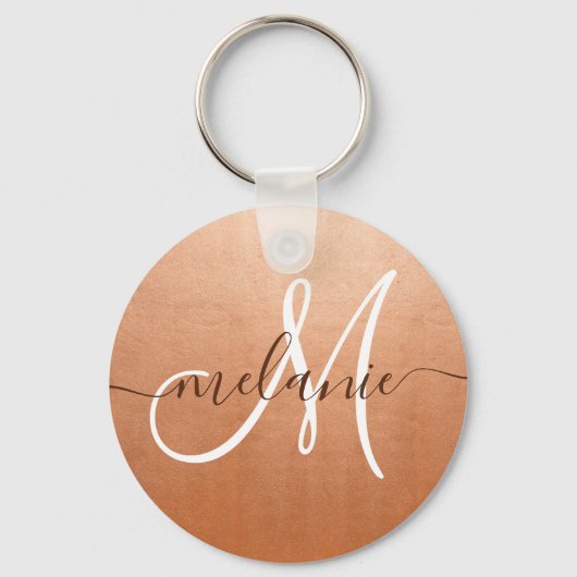 Aangepaste monogram naam trendy script roze gouden sleutelhanger (Voorkant)