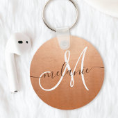 Aangepaste monogram naam trendy script roze gouden sleutelhanger