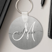 Aangepaste monogram naam trendy script zilverfolie sleutelhanger