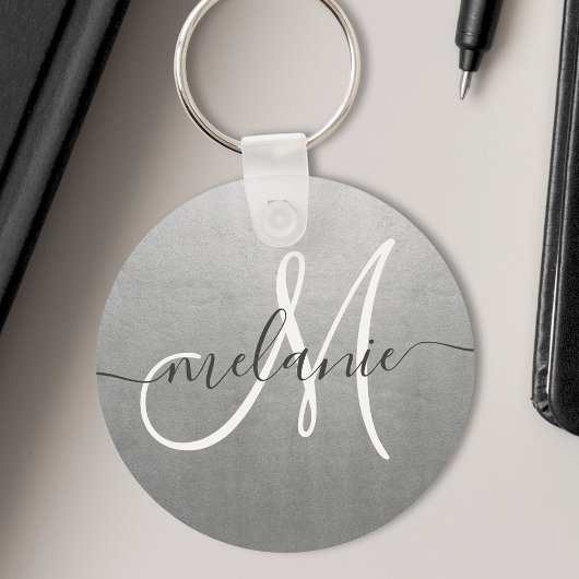 Aangepaste monogram naam trendy script zilverfolie sleutelhanger