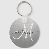 Aangepaste monogram naam trendy script zilverfolie sleutelhanger (Voorkant)