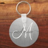 Aangepaste monogram naam trendy script zilverfolie sleutelhanger (Voorkant)