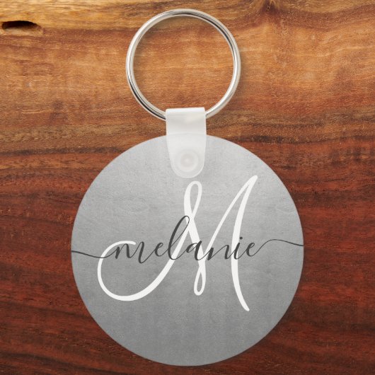 Aangepaste monogram naam trendy script zilverfolie sleutelhanger (Voorkant)