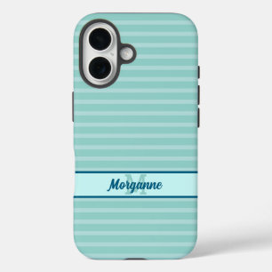 Aangepaste monogram naam turquoise streep patroon iPhone 16 hoesje