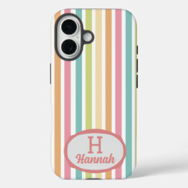 Aangepaste Monogram Naam Vrolijke Pastelstrepen iPhone 16 Hoesje