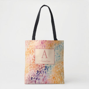 Aangepaste monogram naam waterverf luipaardprint tote bag