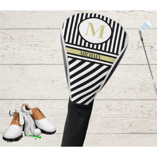 Aangepaste monogram naam zwarte gouden strepen golfheadcover