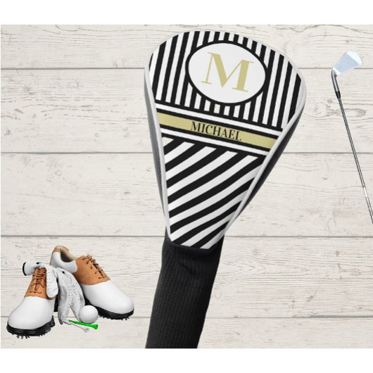 Aangepaste monogram naam zwarte gouden strepen golfheadcover