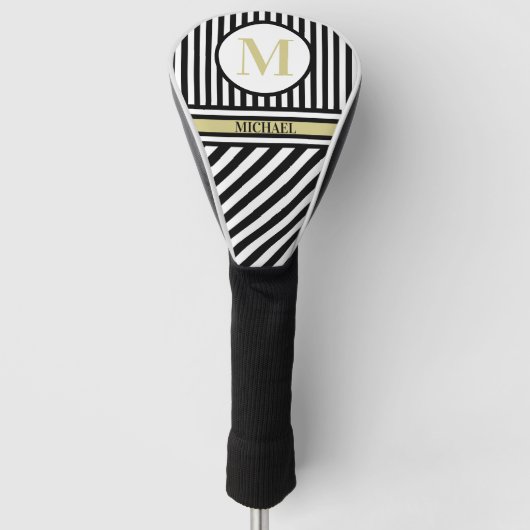 Aangepaste monogram naam Zwarte Witte Stripes Golfheadcover (Voorkant)