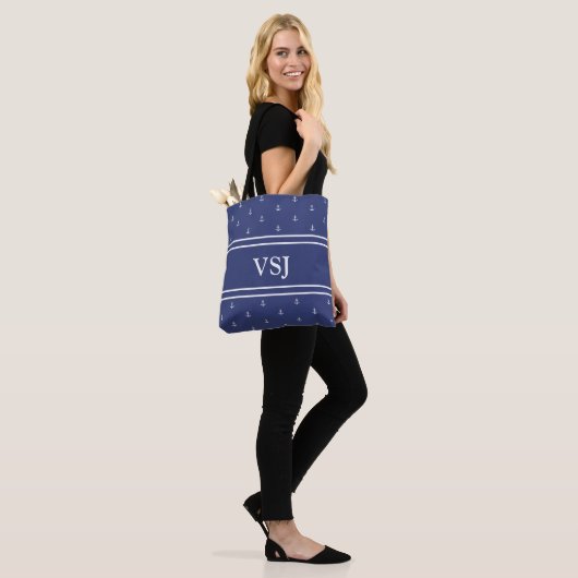 Aangepaste monogram Nautical Blue en White Canvas  Tote Bag (Op model)