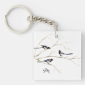 Aangepaste Monogram of Naam Magpie Family Bird Sleutelhanger (voorkant)
