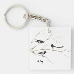 Aangepaste Monogram of Naam Magpie Family Bird Sleutelhanger