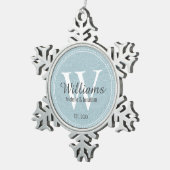 Aangepaste monogram Pas getrouwd Blauwe Floral Tin Sneeuwvlok Ornament (Rechts)